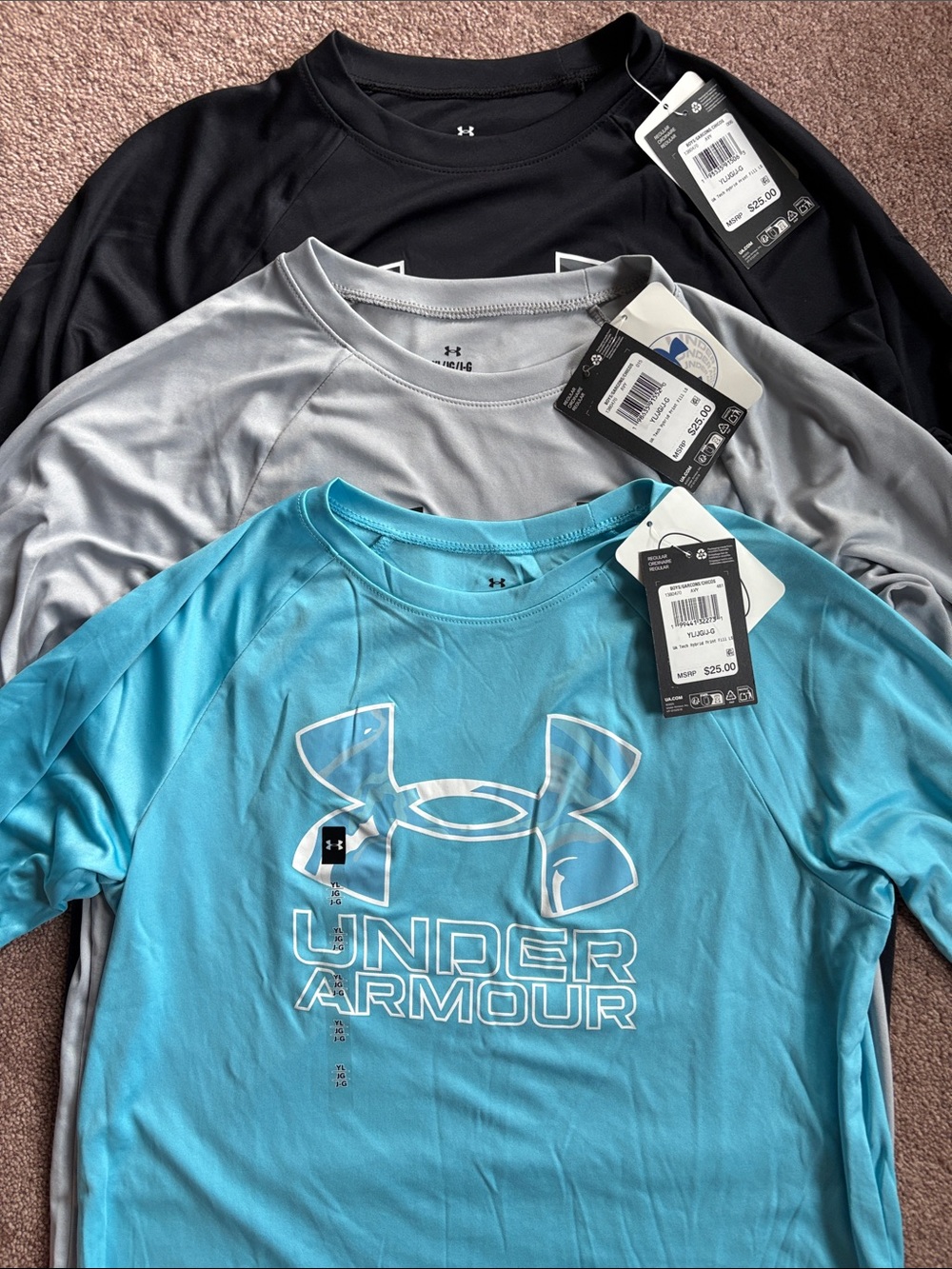 Under Armour Kids Boys set of 3 long sleeve logo tech tshirts size large NWT